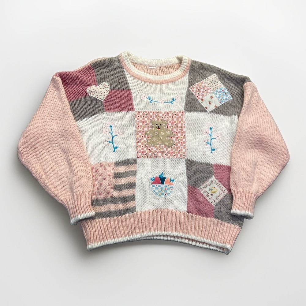 Vintage Patchwork Sweater Womens M Pink Cottagecore 90s 80s Retro